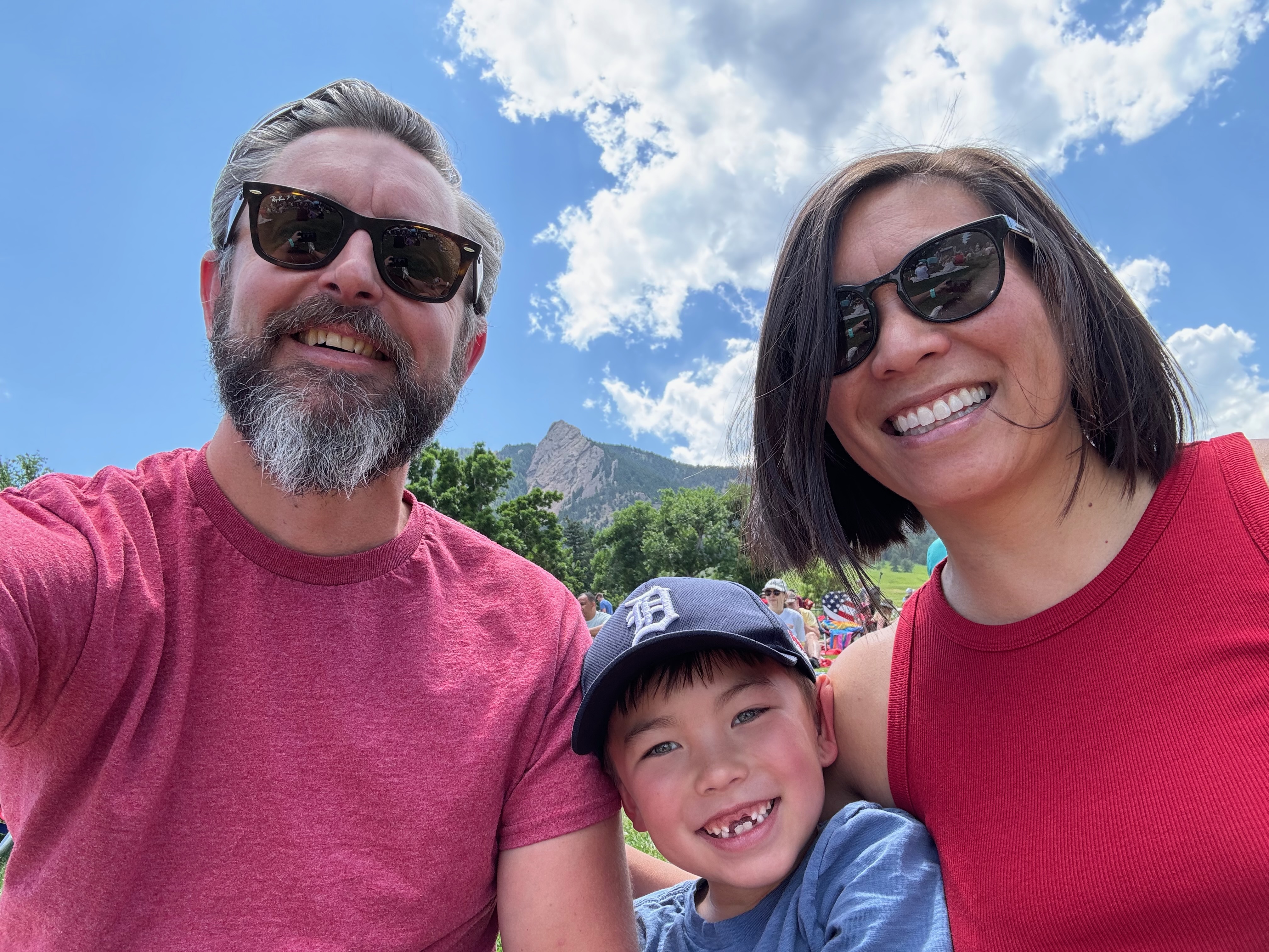 Ryan Jamieson with his wife and son by a fountain